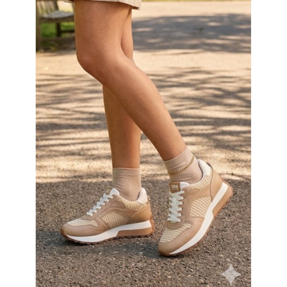 Steve Madden Kinkade Sneakers Lace Up Raffia Tan White Womens Size 9.5 N…